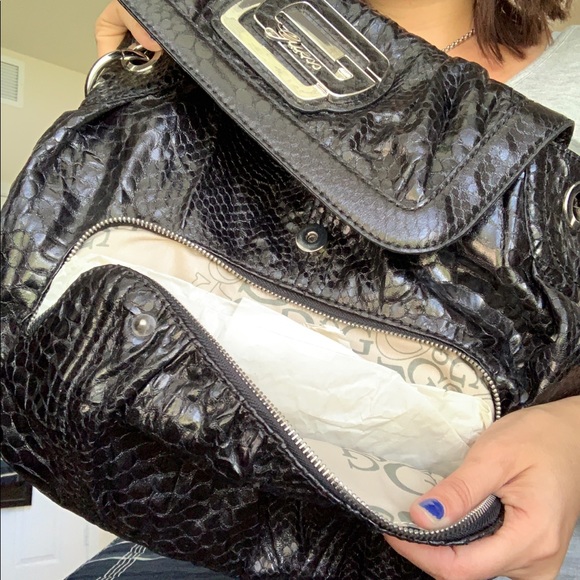 Guess Textured Black Shoulder Bag with Silver Accents - Picture 4 of 5